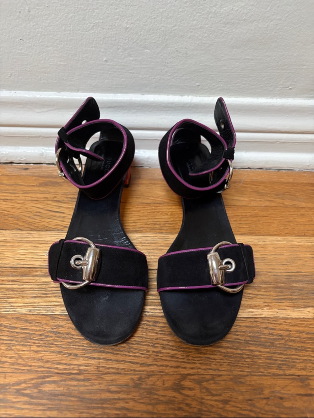 Tom Ford Era Gucci Black Suede Ankle Strap Sandals with Purple Trim